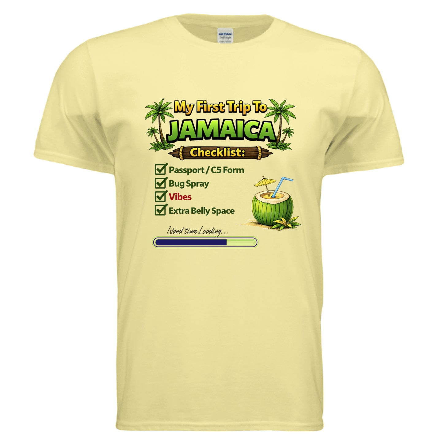 My First Trip To Jamaica trip t-shirt with checklist graphics and tropical design on a yellow Gildan tee.