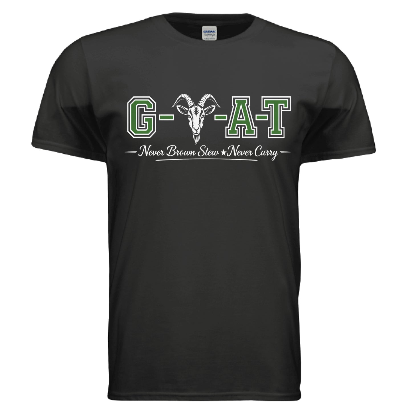 Goat T-Shirt featuring "GOAT Never Brown Stew Never Curry" design on a navy background, perfect for unique fashion.