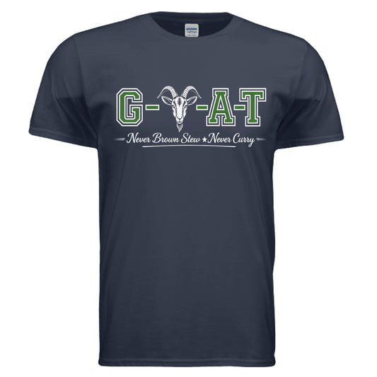 Goat T-Shirt featuring "GOAT Never Brown Stew Never Curry" design on a navy background, perfect for unique fashion.