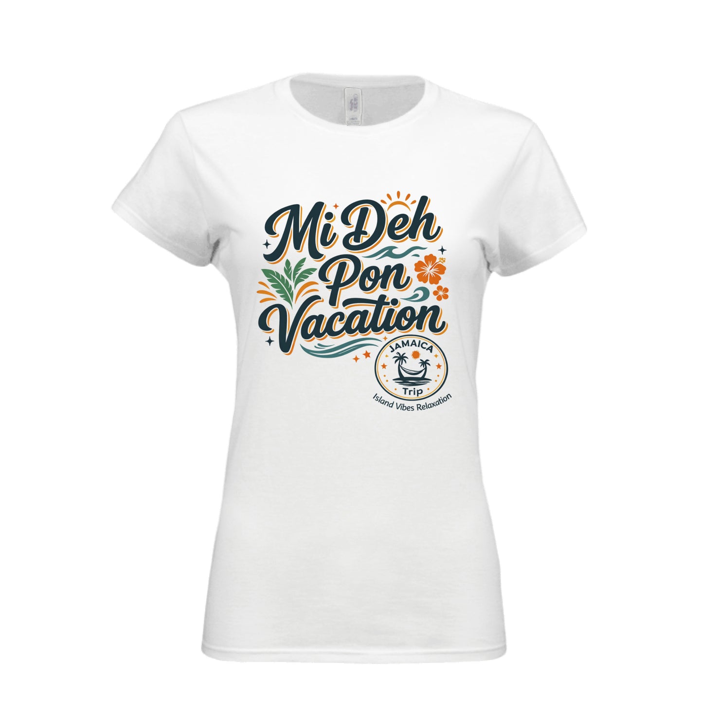 Mi Deh Pon Vacation Nuh Badda Tee featuring a vibrant design on a white shirt, perfect for vacation or relaxed outings.