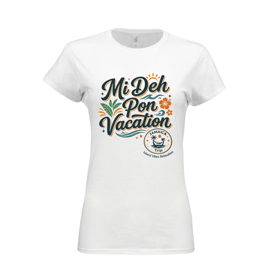 Mi Deh Pon Vacation Nuh Badda Tee featuring a vibrant design on a white shirt, perfect for vacation or relaxed outings.