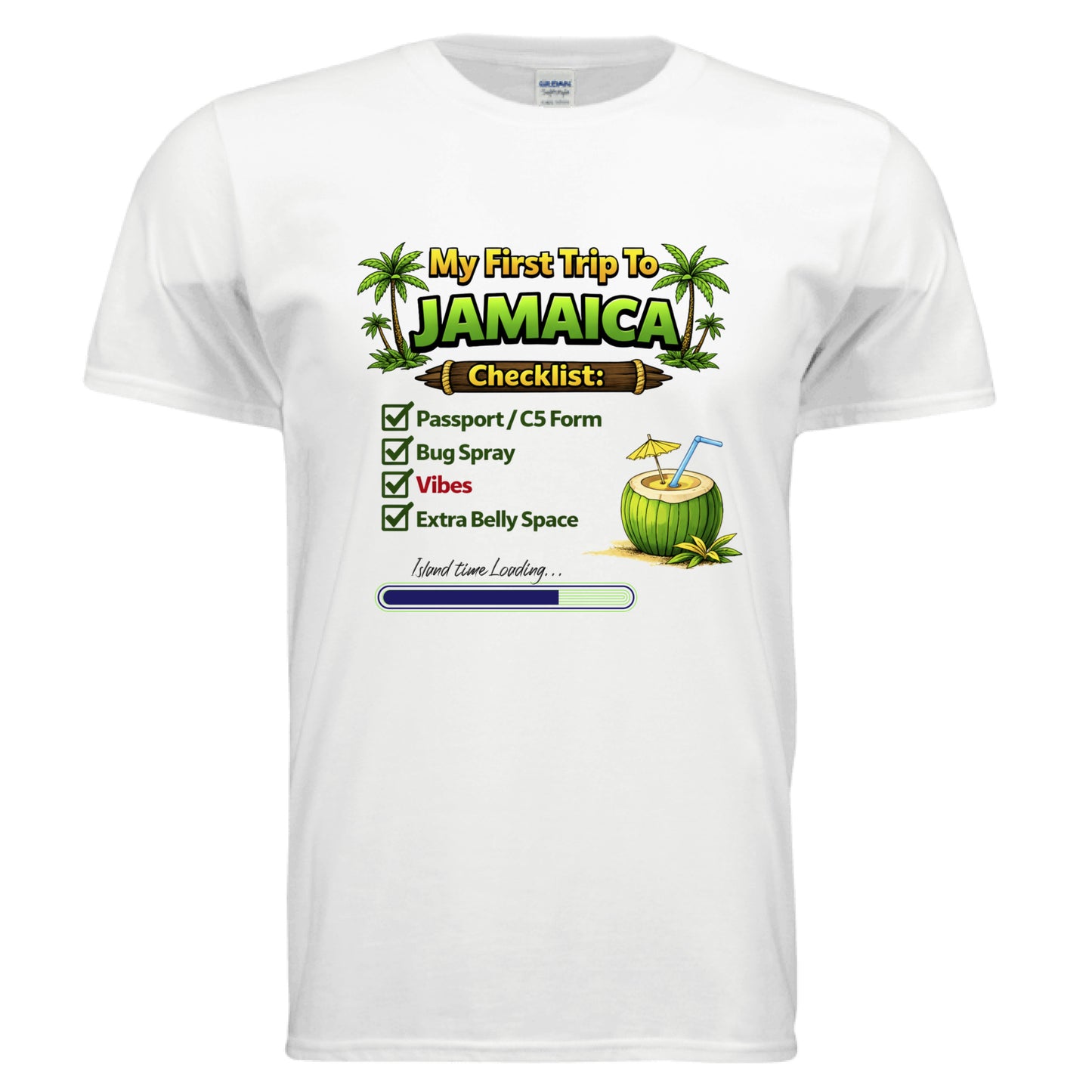 My First Trip To JAMAICA checklist t-shirt featuring palm trees and a cocktail design, perfect for a Jamaica trip t-shirt.