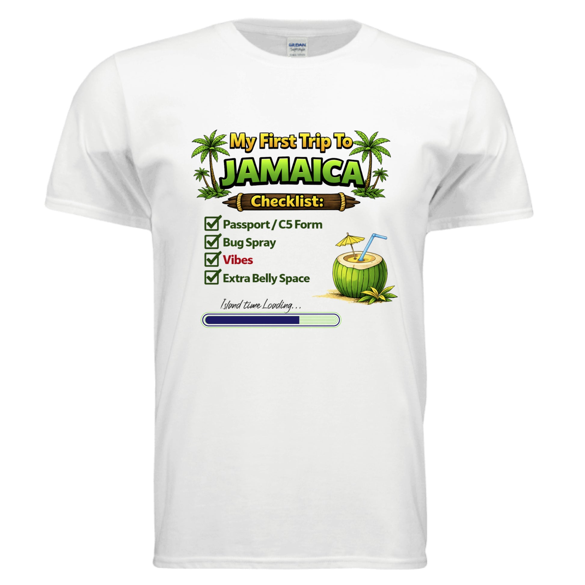 My First Trip To JAMAICA checklist t-shirt featuring palm trees and a cocktail design, perfect for a Jamaica trip t-shirt.