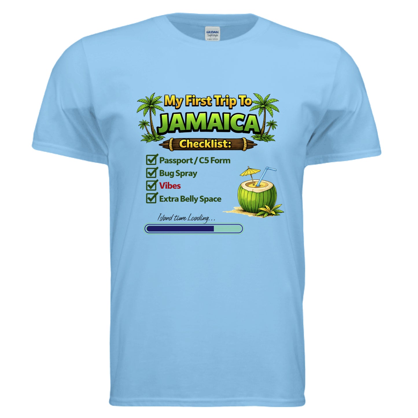 My First Trip To Jamaica trip t-shirt featuring a checklist design on a light blue Gildan tee.
