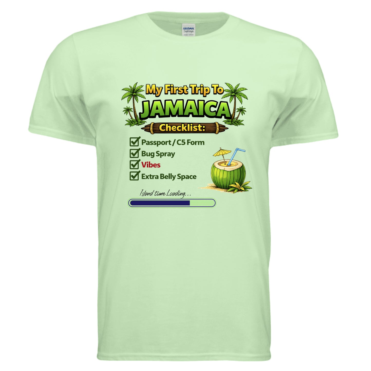 Light green Jamaica trip t-shirt featuring a travel checklist with playful graphics for a fun vacation vibe.
